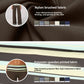 Brushed nylon fabric swatch in brown and a striped polyester and spandex print swatch with seven color chips