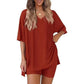 Milk silk loungewear set showing the V neck, dropped shoulders and side slit top on a model