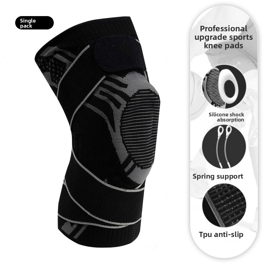 Sports knee brace with reinforced padded kneecap panel and adjustable support strap
