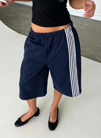Navy wide-leg cropped pants with white side stripes, Navy blue option, size XL