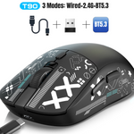 Black HXSJ T90 gaming mouse with a white XX pattern, connected by a braided cable, three modes listed above