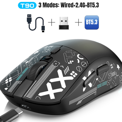 Black HXSJ T90 gaming mouse with a white XX pattern, connected by a braided cable, three modes listed above