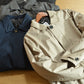 Khaki, black, navy blue and dark gray quilted lined coats stacked together, lapel collars and round buttons visible