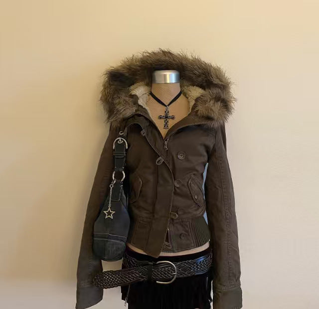 Brown short hooded jacket image for the Brown option in size S, fur trimmed hood and button front