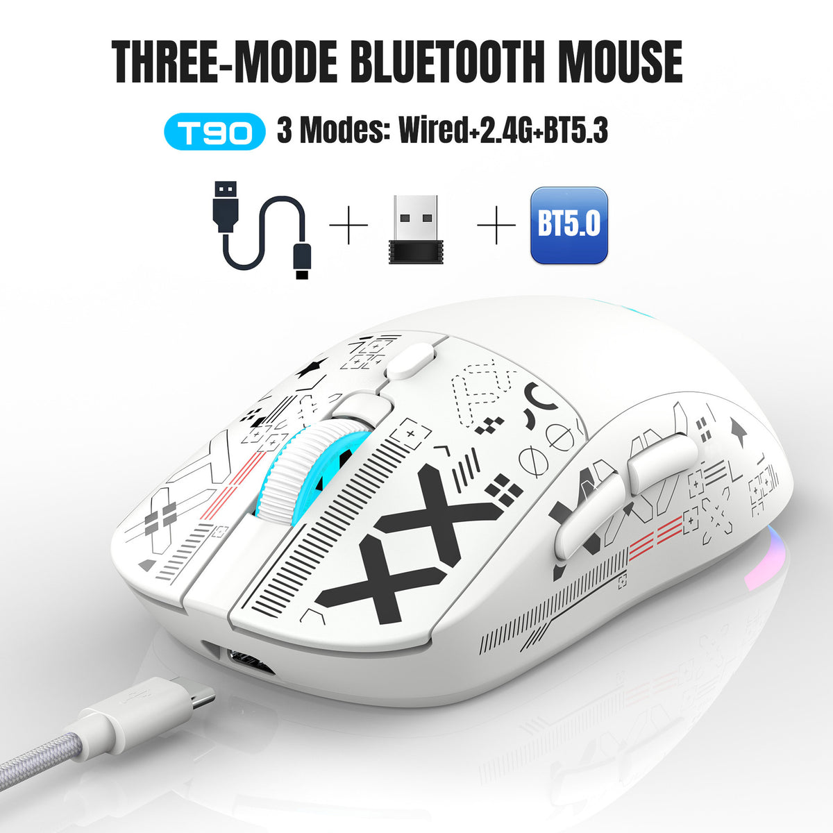 White T90 gaming mouse with a braided Type-C cable and the three connection modes listed above, Water Transfer White option