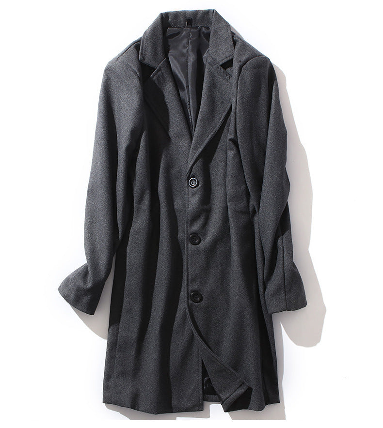 Dark grey single-breasted coat laid flat showing the notch lapel and three buttons, size S option