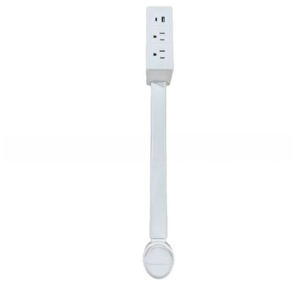 Slim white power extender with a socket block on top and a wall plug base at the bottom