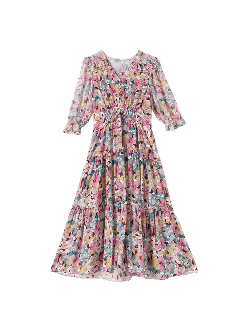 Printed mulberry silk dress worn in a lifestyle setting