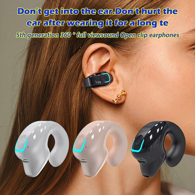 Woman wearing a clip-on earphone with white, pale pink and black earphones shown below her