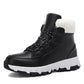 Black snow boot with a white pile collar and a smooth upper listed as leather