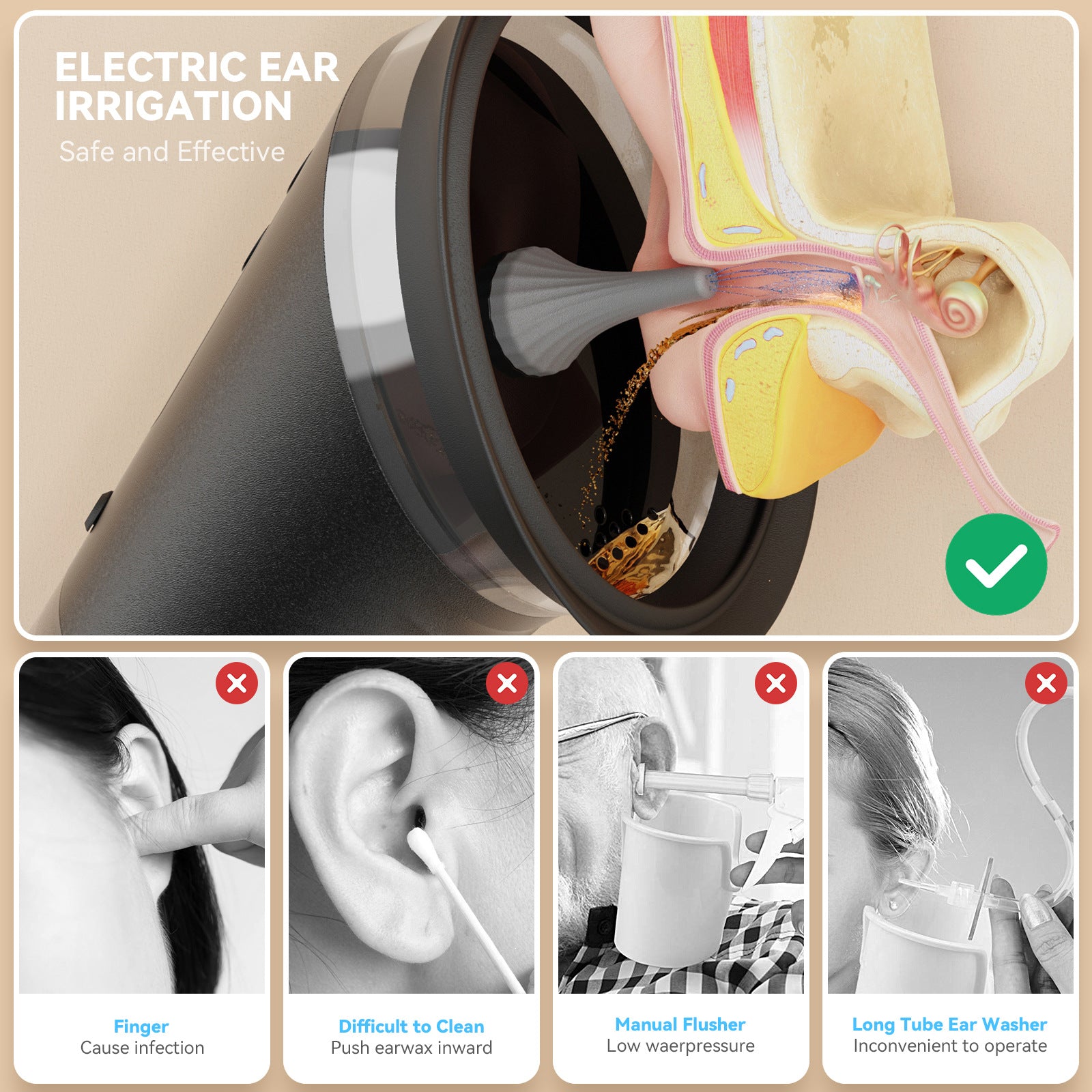 Close up of the five-hole nozzle and soft silicone tip on the ear irrigation device