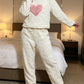 Cream plush fleece pajama set with a pink heart patch and wide leg pants, Cream option, size L