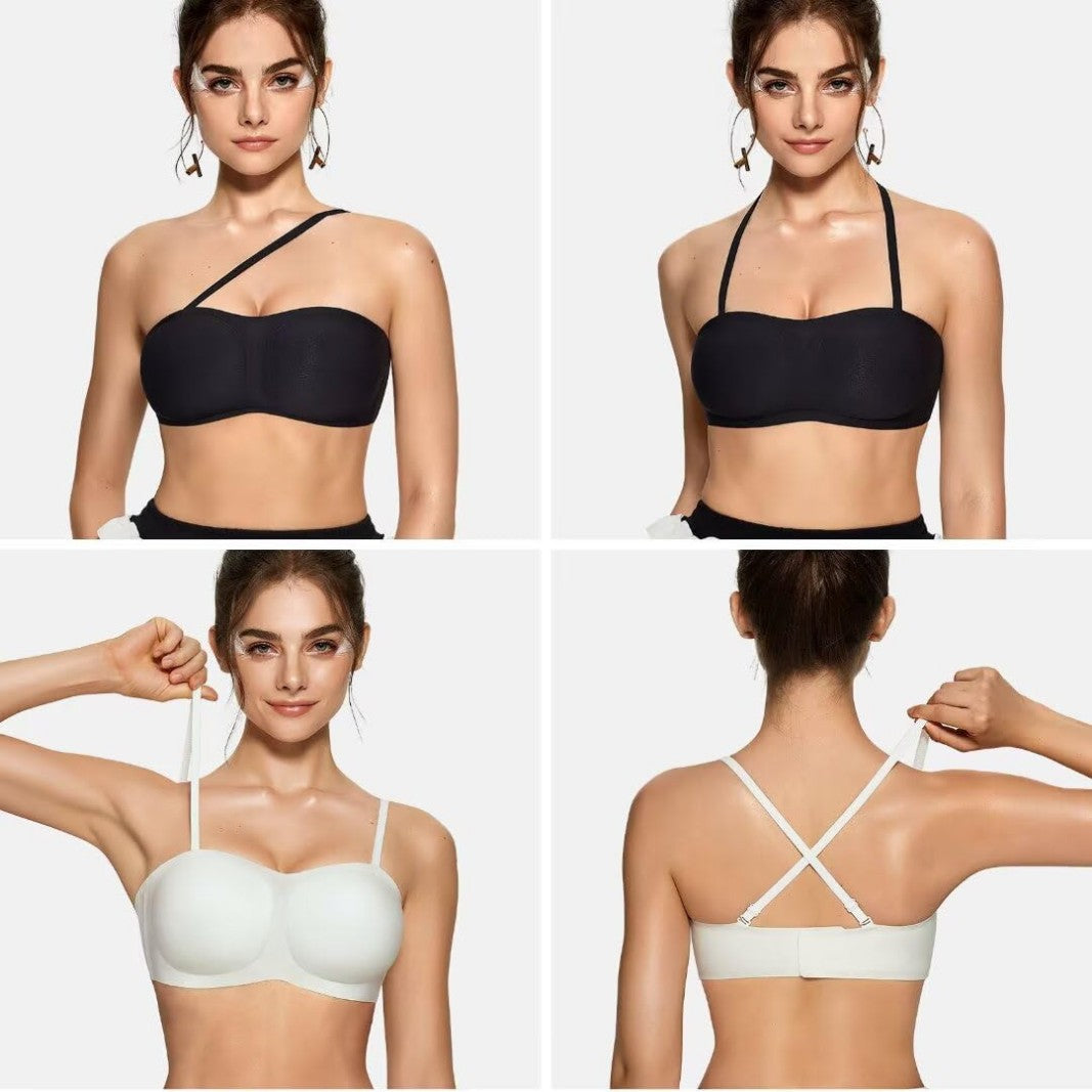 Top down view of the strapless push-up bra laid flat on a surface