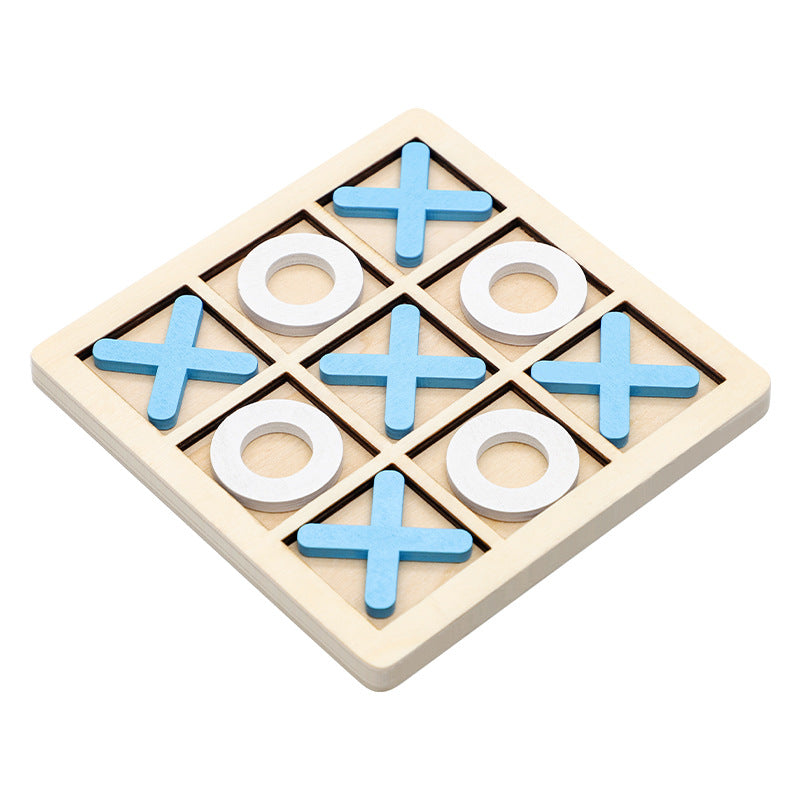 Wooden tic tac toe board with blue crosses and white rings set in the sunken grid, angled view
