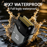 Black foil electric shaver splashed with water to show the IPX7 waterproof body