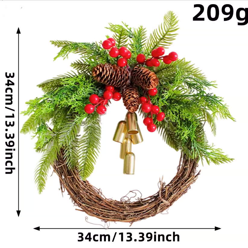 Smaller Christmas wreath on a white background measuring 34 cm, with a 209 g weight label, H2-20 25 bottom ring option