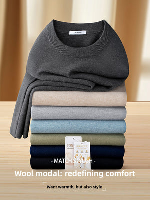 Men's wool blend knit sweater in black, front view showing crew neck and ribbed trim