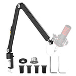 Black aluminum alloy microphone boom arm extended, shown with desk clamp, thread adapter and cable clips