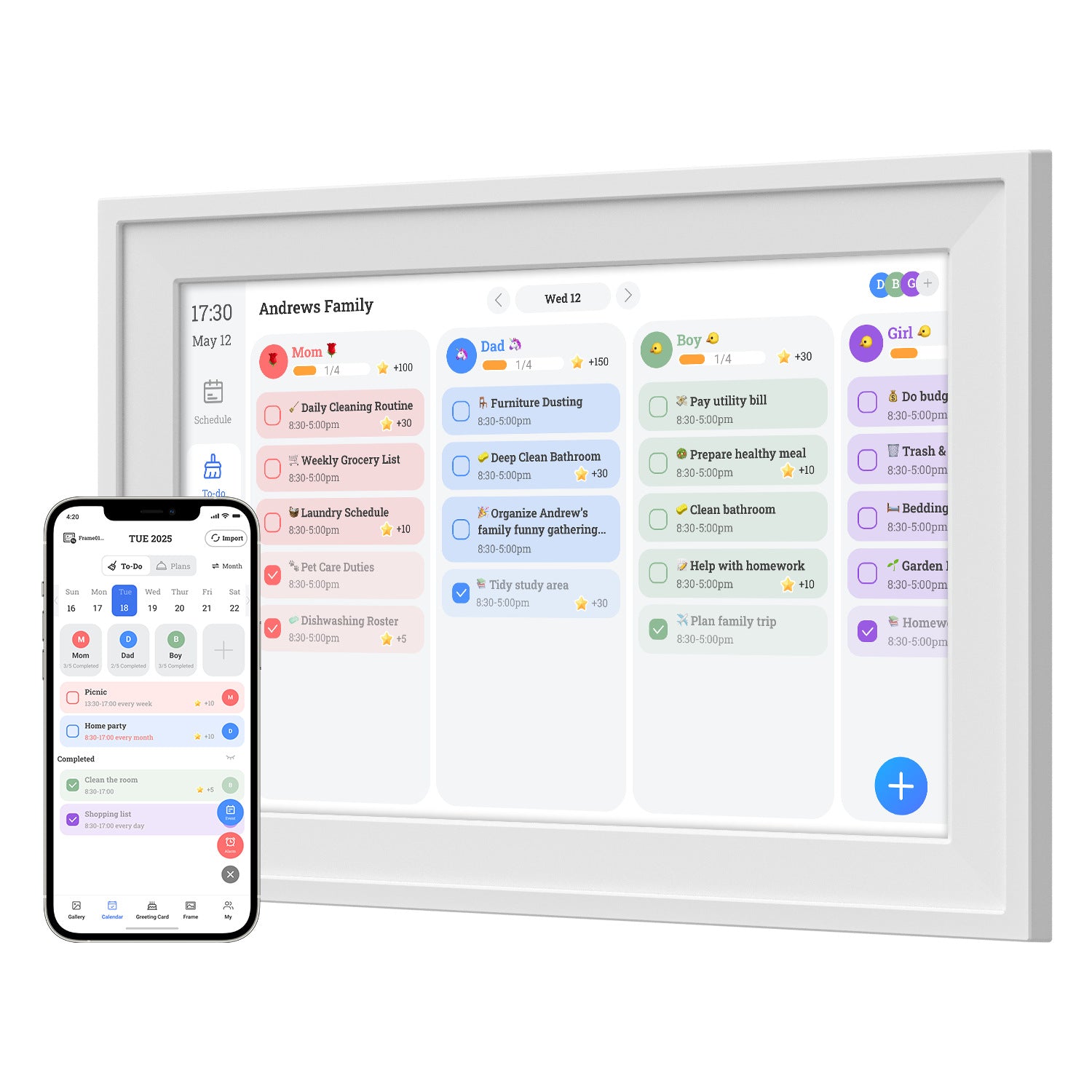 Touchscreen family calendar displaying schedule columns for each household member