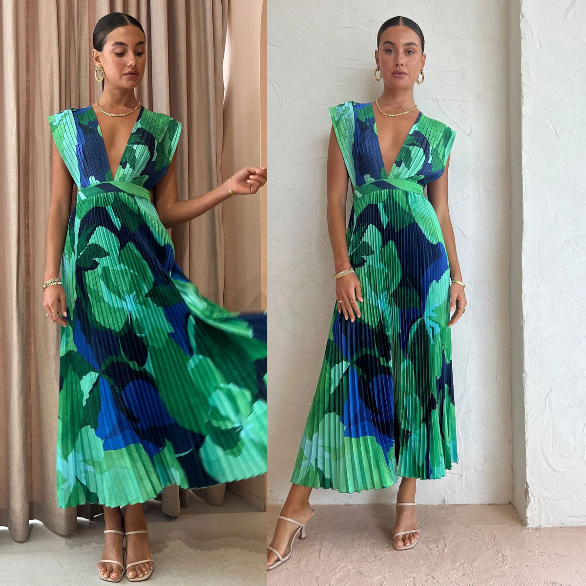 Model wearing the green and blue abstract pleated maxi dress, front view