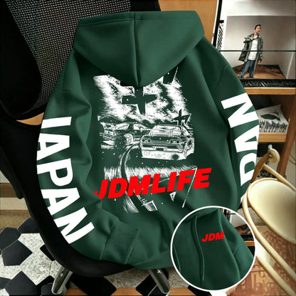 Oversized fleece hoodie with a white manga style JDM drift car print filling the back panel