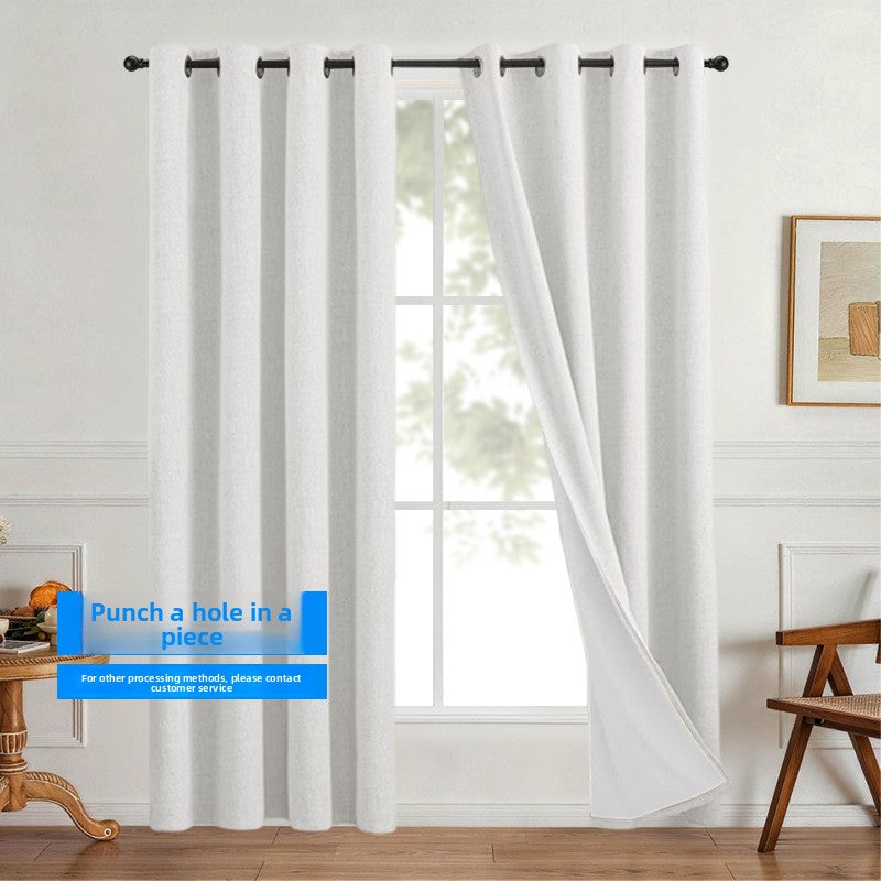 Linen look polyester blackout grommet curtain panel with white thermal backing shown against a clean white wall