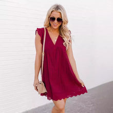 Womens Cotton Eyelet V Neck Flutter Sleeve A-Line Mini Dress