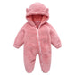 Pink plush fleece infant romper with bear ear hood and front zip, option image for size 9