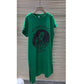 Loose green jersey dress with rearing unicorn medallion print across the front