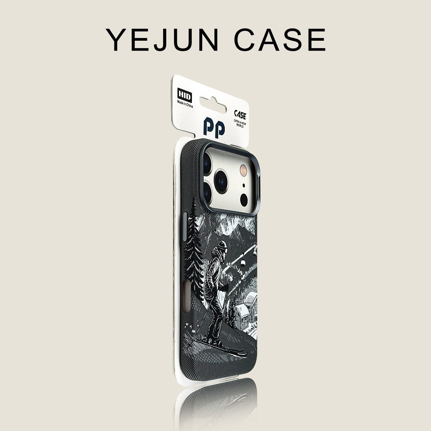 Hard polycarbonate iPhone case showing the printed mountain ski scene and black side frame