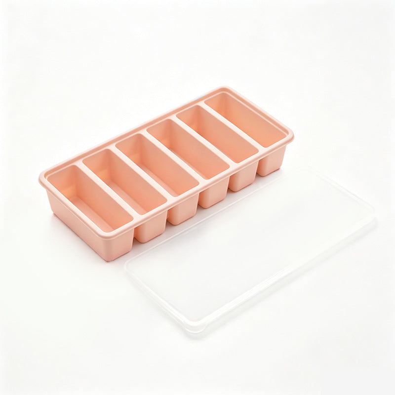 Peach pink six cavity strip tray with its clear lid lying beside it, option 6 Cavities Strip Tray, Peach Pink