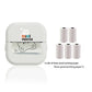 White mini thermal printer shown beside five rolls of thermal printing paper