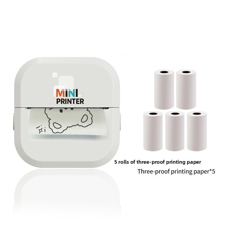 White mini thermal printer shown beside five rolls of thermal printing paper