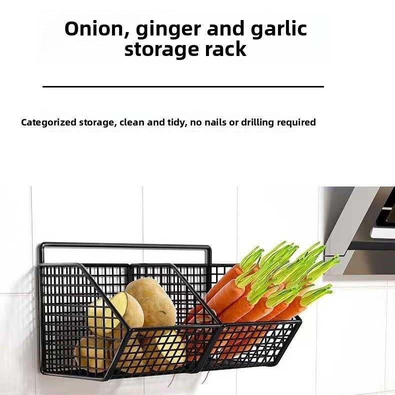 Wall mounted carbon steel wire mesh kitchen storage basket, close up of the open wire mesh and drainage