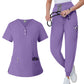 Close up of the light stretch fabric weave of the scrub top