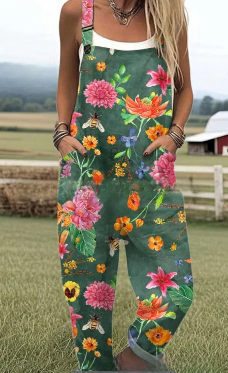 Sleeveless dungaree jumpsuit in a digital print with two deep front pockets