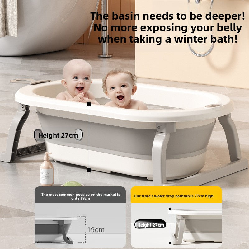 Two babies sitting in a cream and gray foldable baby bathtub with a 27 cm basin depth comparison