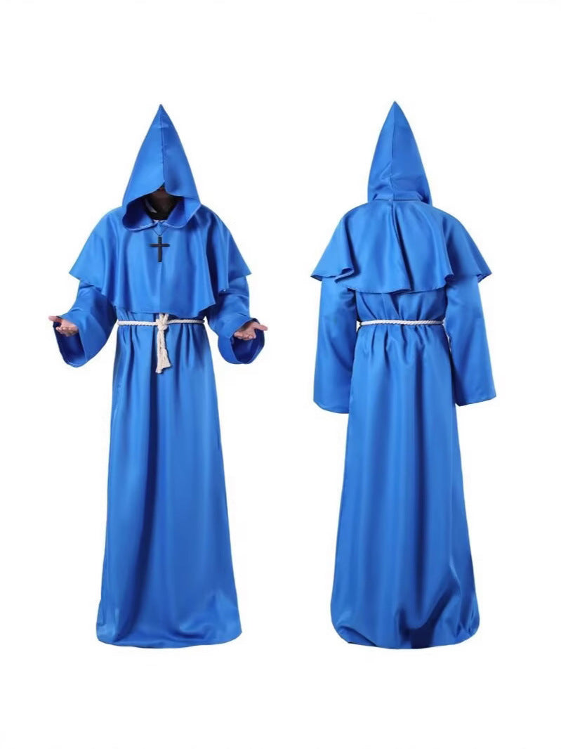 Front and back views of a blue hooded monk robe with a rope belt and a cross pendant