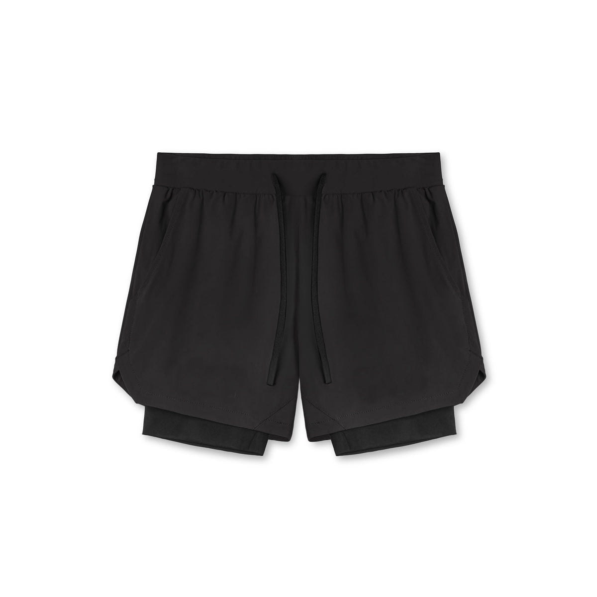 Two in one training shorts in black shown flat with the inner liner, with the liner pulled out