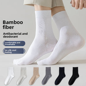 Bamboo blend socks shown in six colours on models with a bamboo fibre feature panel above the worn pair