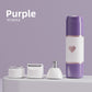 Purple mini shaver body on a podium beside its foil, blade and nose heads