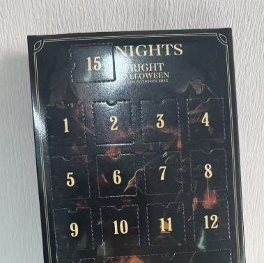 Real photo of the 15 night Halloween countdown box with fifteen numbered surprise doors on the lid