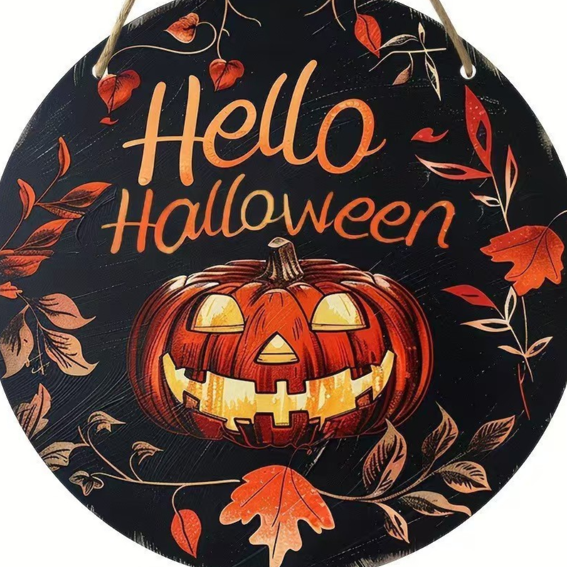 Wooden Halloween door hanger sign, flat printed design on a light wooden board with hanging cord