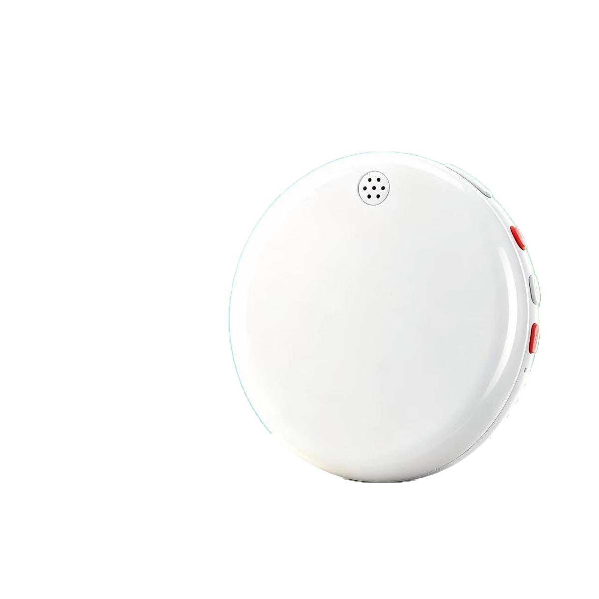 White round AI language practice device with a perforated grille at the top and red side buttons