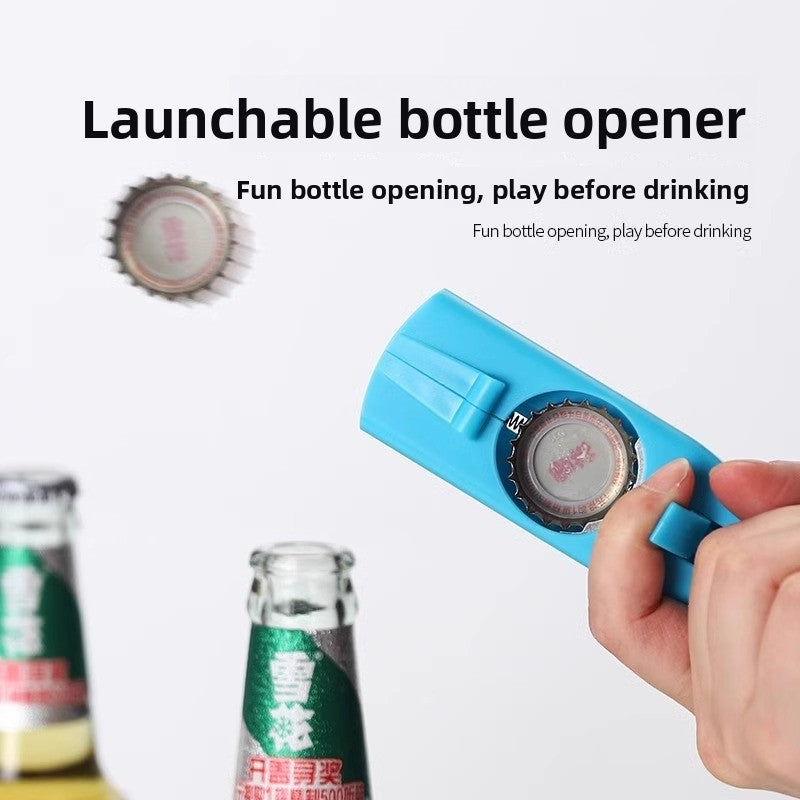 Bottle opener in use launching a crown cap up and off the bottle