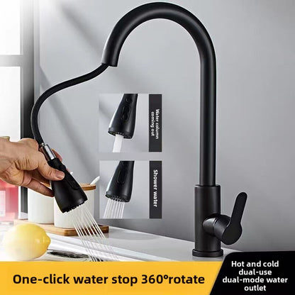 Black pull out kitchen faucet over a sink, maker banner reading one click water stop and 360 rotate