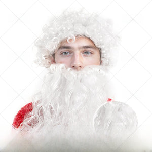 White curly synthetic Santa Claus costume wig and matching beard set on a costumed model