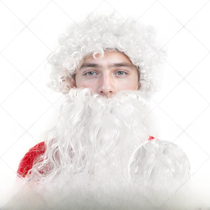 White curly synthetic Santa Claus costume wig and matching beard set on a costumed model