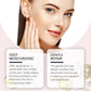 Smiling woman touching her cheek beside two text cards about deep moisturizing and gentle care