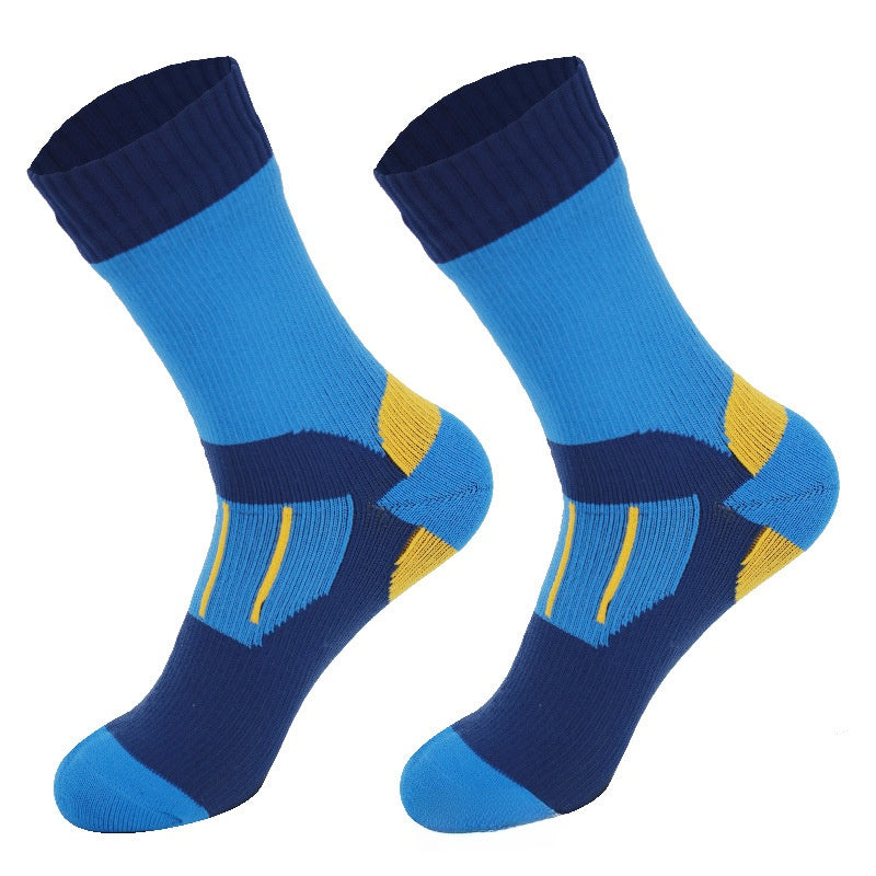 Waterproof lake blue and navy crew socks with yellow accents and a light blue toe, size XL 47-50